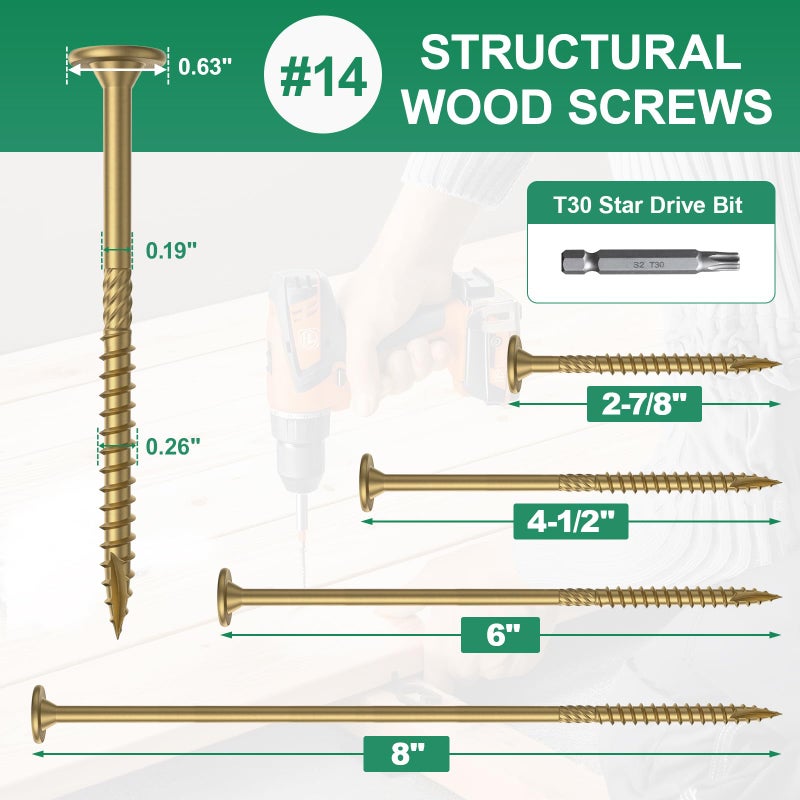 FMhotu 2-7/8 Inch Heavy-Duty Outdoor Wood Screws Assortment Fastener Kit, 250Pcs Star Drive Deck Screws, Rust Resistant Timber Screws for Timber/Log/Landscaping Wood (#14 x 2-7/8"" Tan) - Image 2